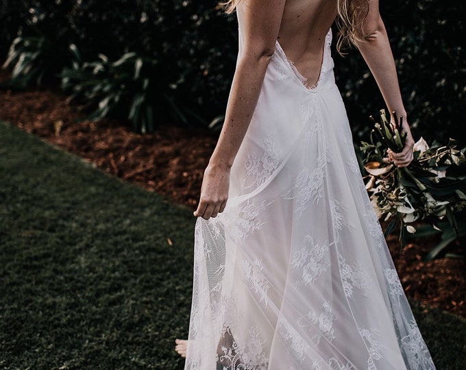 Chantilly Lace low back Boho Wedding gown, White lace halter neck Bohemian wedding dress