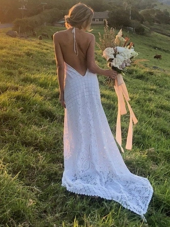 Amelia White Cotton Lace Bohemian Bridal Dress with Train, Boho Low Back Lace Wedding Dress