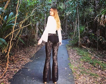 Black Moon Lace Bell Bottom Flares: Handmade Bohemian Festival Pants