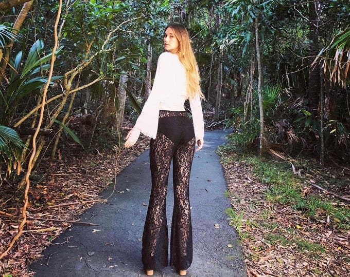 Black Moon Lace Bell Bottom Flares: Handmade Bohemian Festival Pants