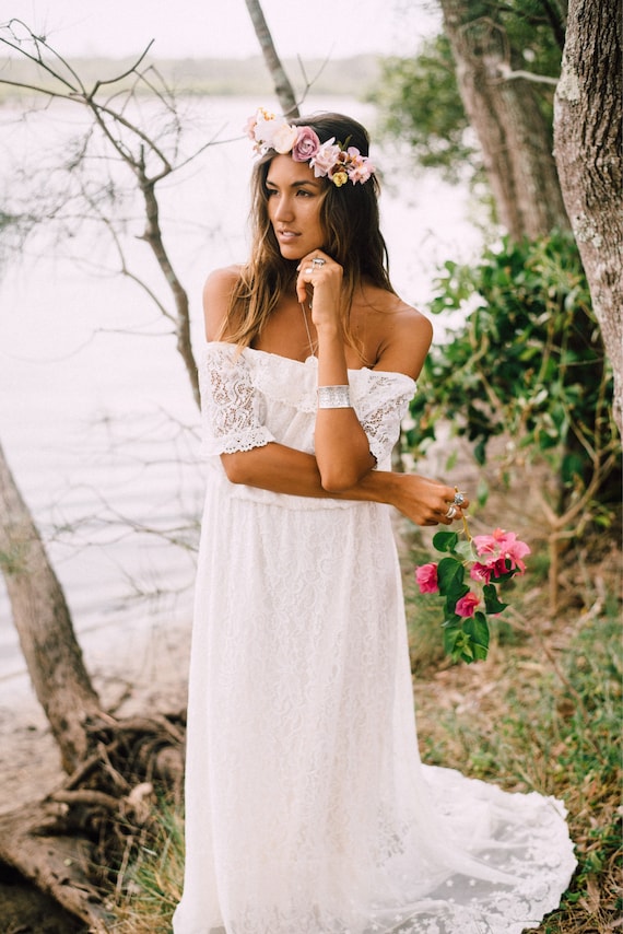 Bohemian Gypsy Lace Sleeve Bridal Dress: Off Shoulder Beach Wedding Gown
