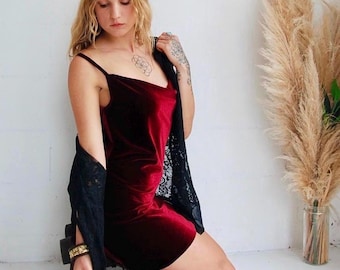 Luxe Burgundy Velvet Mini Dress: Red Velvet Slip dress