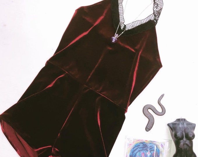 Retro Elven Velvet halter Jumpsuit, Pixie Velour Playsuit