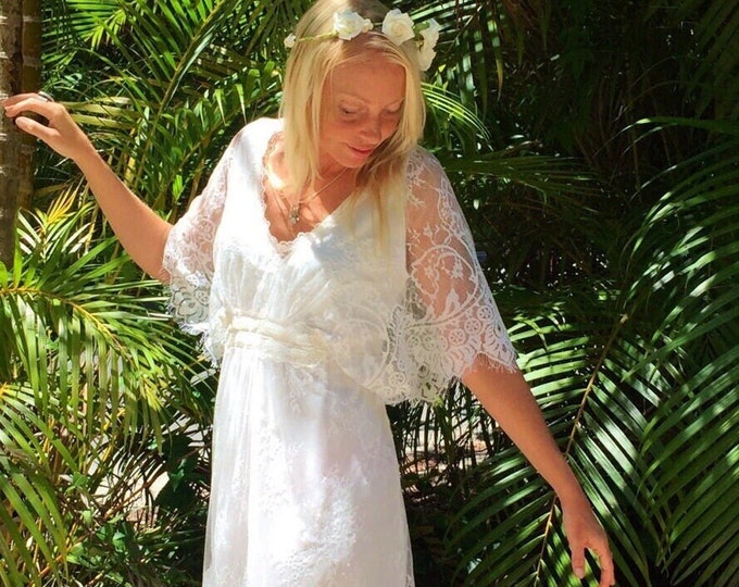 50% Deposit for Chantilly Lace Butterfly Sleeve long dress, Bohemian beach wedding dress