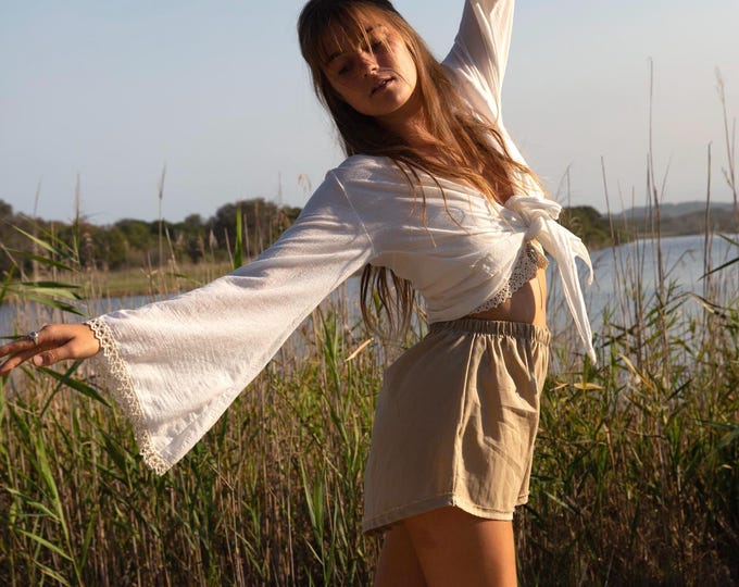 Angel Wing Bell Sleeve Cotton top, Gypsy Bell sleeve tie top