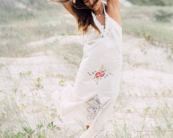 Tea Party Bohemian Cotton Embroidery Halter Dress, Handmade.