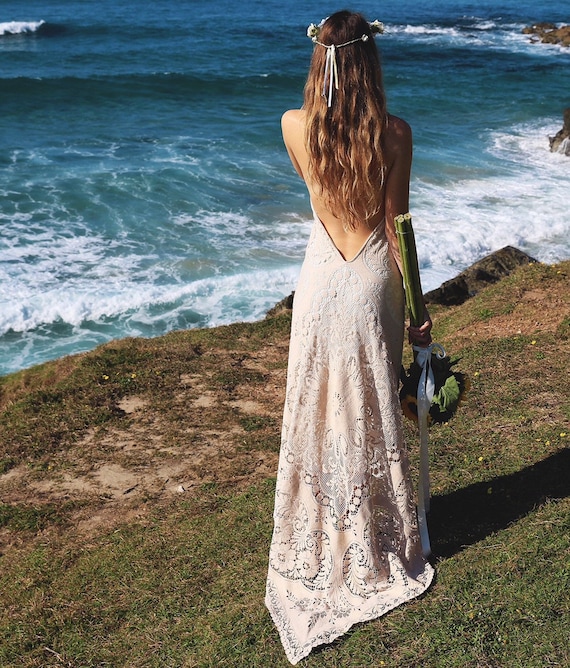Amelia Handmade Cotton Lace Bohemian Wedding Dress: Low Back Bridal Gown with Train Amelia Handmade Cotton Lace Bohemian Wedding Dress: Low Back Bridal Gown with Train