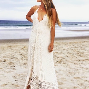 Abito da sposa in pizzo di cotone Queenie Boho con deposito del 50%, abito da sposa vintage crema con schiena bassa Boho