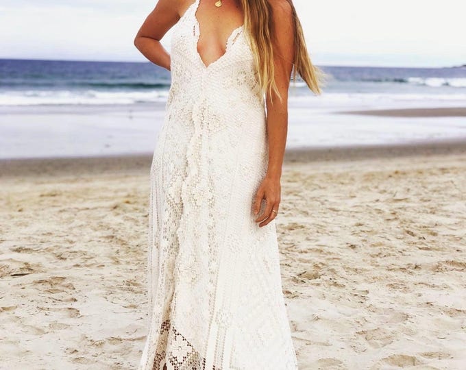 50% Deposit Queenie Cotton Lace Bohemian Bridal Dress, Boho low back vintage cream Wedding Dress