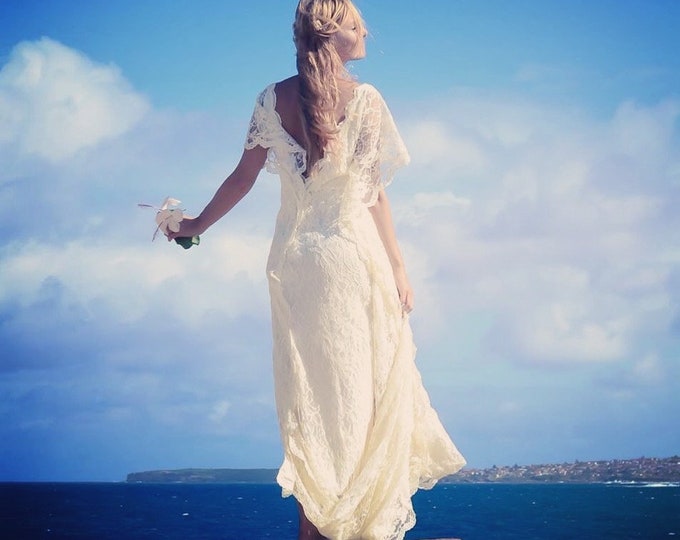 50% Deposit Bohemian Lace Beaded Train Bridal Kaftan, Boho Beach low back Wedding Dress