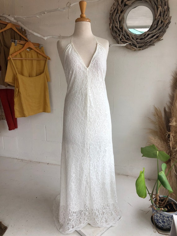 Divine Lace Bohemian Bride halter dress with train, Low Back Wedding Dress