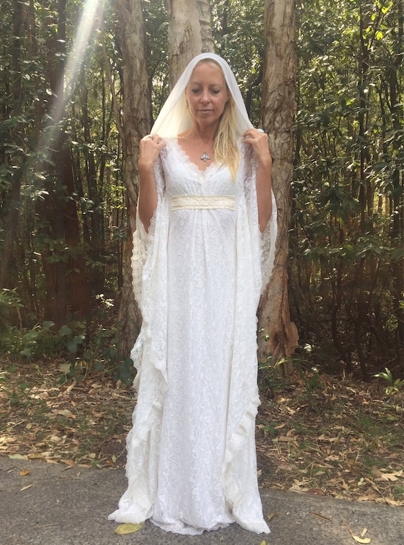 Angel Hood Veil Lace Bohemian Beaded Bridal Kaftan Dress, Gypsy Wedding Dress with Hood veil