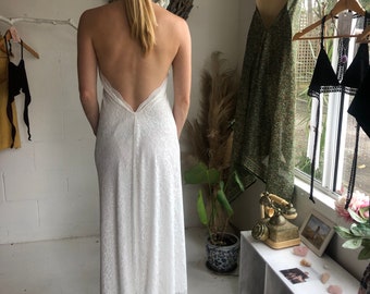 Divine Lace Bohemian Bride halter dress with train, Low Back Wedding Dress