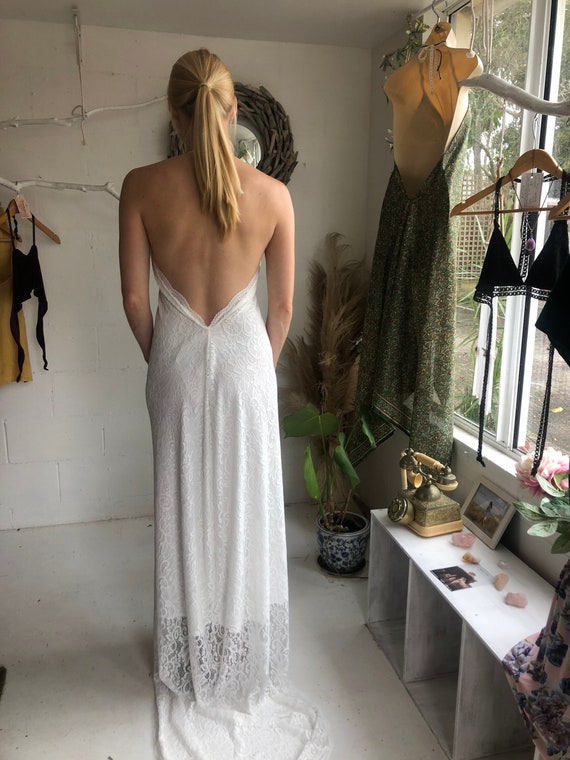 Divine Lace Bohemian Bride halter dress with train, Low Back Wedding Dress