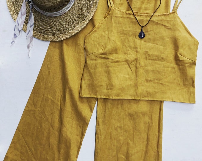 Queen Linen wide leg trouser suit, Sage green linen pant, natural Linen palazzo Pant set