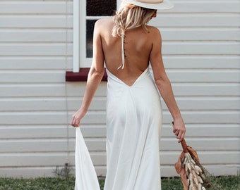 Pearl Silky Halter Wedding Dress: Eco Satin Boho Low Back with Train