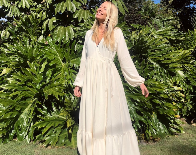 Florence Cream Boho Bamboo Cotton Wrap Dress, Tiered Bell Sleeve Maternity Gown