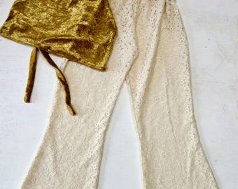 Gypsy Crochet Lace Bell Bottoms: Bohemian Cotton Flares trousers with Fold Over stretch Waist