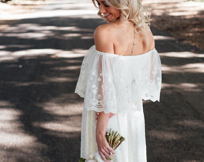 Divine Gypsy Frill Sleeve Wedding dress with train.