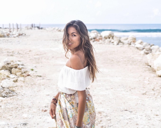 Cotton Off Shoulder Gypsy Top: Handmade Crinkle Ruffle Sleeve Blouse