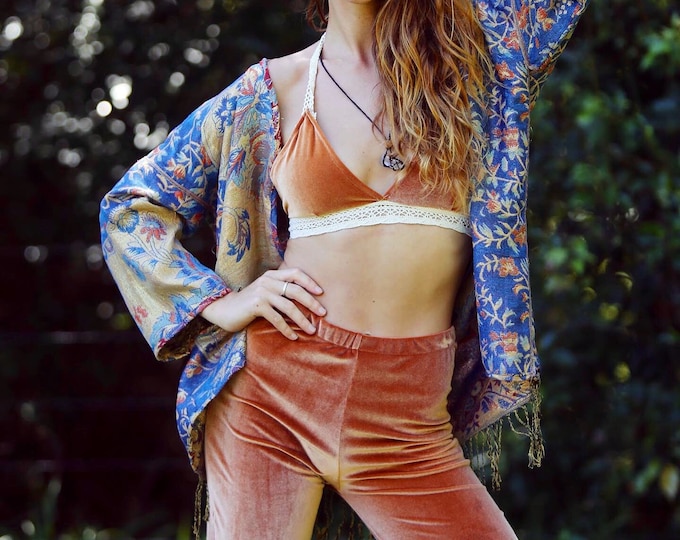 Pachamama Paisley reversible Kimono, Gypsy tie tassel jacket, Paisley Boho Fringe duster handmade