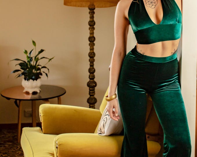 Emerald Green Luxe Velvet Flares Set: Deep Halter Top, Stretch Velour Bell Bottoms