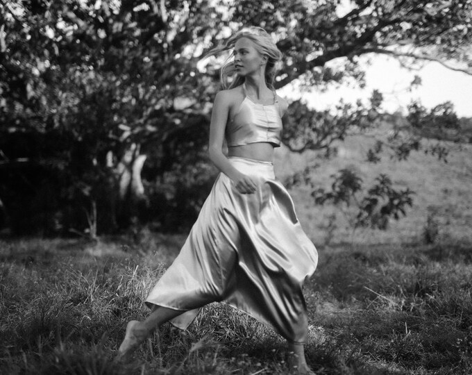 Stardust Satin Crop halter top and Split Hanki Skirt Set, Bohemian Prom Silk Bridesmaid dress