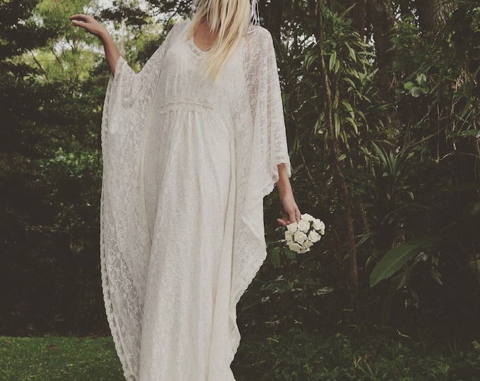 Gypsy Lace Beaded Train Bridal Kaftan, Vintage Lace Boho Beach Wedding Dress
