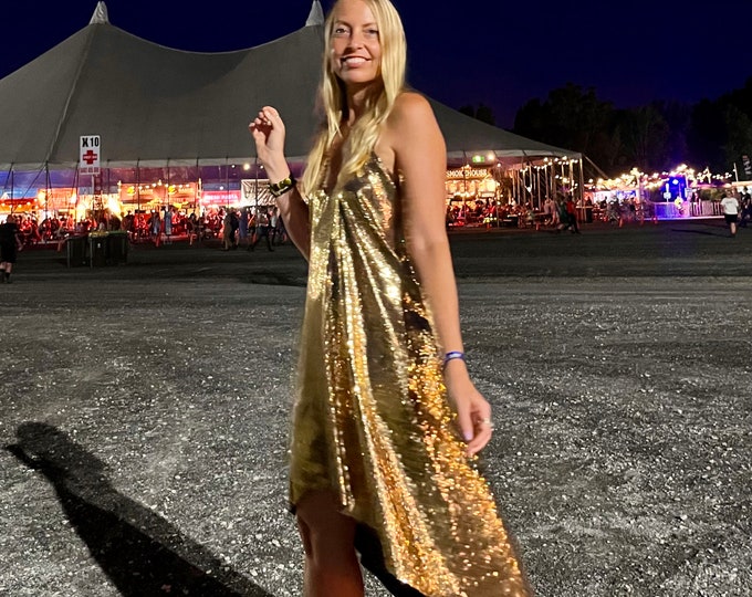 Gold Stardust Sequin Low back Dress, Glam Gatsby beaded low back fairy asymmetrical Hanki Dress, spangled champagne gold dress