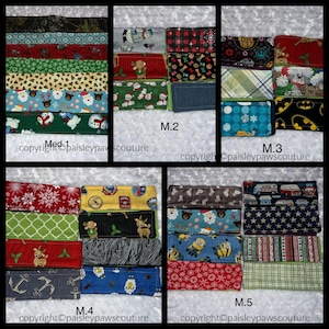 May include: Five sets of fabric strips for dog collars. Each set has a different pattern, including Christmas, nautical, and animal prints. The sets are labeled M.1, M.2, M.3, M.4, and M.5. Copyright ©paisleypawscouture.