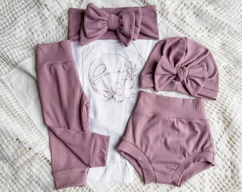 Personalized Name - Plum Rib Knit - Baby Girl Set