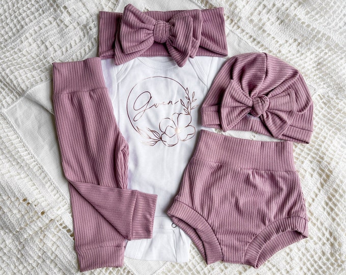 Personalized Name - Plum Rib Knit - Baby Girl Set