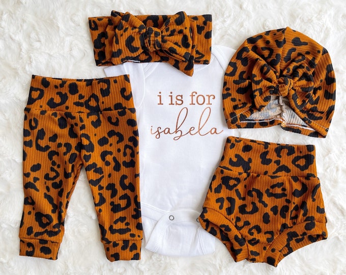 Alphabet - Leopard Rib Knit - Baby Girl Set