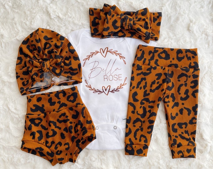 Custom Name - Leopard Rib Knit - Baby Girl Set