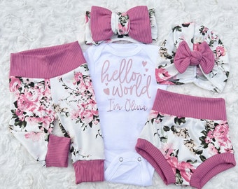 Newborn Girl Coming Home Outfit, Personalized Baby Girl Outfit, Hello World Onesie®, Hello World Newborn Baby Girl, Baby Girl Gift