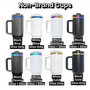 Puede incluir: Una variedad de tazas de viaje aisladas con asas. Las tazas vienen en varios colores, incluyendo negro, blanco y dorado, con detalles como azul, arco&iacute;ris y croma. El texto "Non-Brand Cups" est&aacute; en la parte superior, y cada taza est&aacute; etiquetada con su color y tama&ntilde;o.