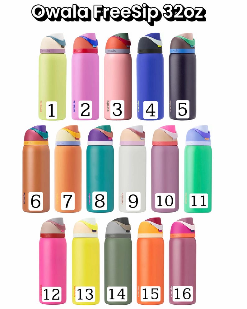 Puede incluir: Una colecci&oacute;n de diecis&eacute;is botellas de agua Owala FreeSip de 32 oz en varios colores, cada una con una etiqueta numerada. Los colores incluyen verde, rosa, melocot&oacute;n, azul y negro. Las botellas tienen un dise&ntilde;o de tapa &uacute;nico con una pajita incorporada.