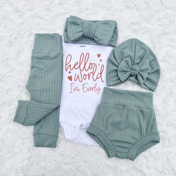 Newborn Girl Coming Home Outfit, Personalized Baby Girl Outfit, Hello World Onesie®, Hello World Newborn Baby Girl, Sage Newborn Outfit