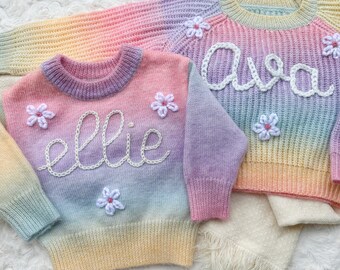 Hand Embroidered Name Sweater, Personalized Name Sweater, Baby Sweater With Name, Personalized Embroidered Sweater, Rainbow Sweater