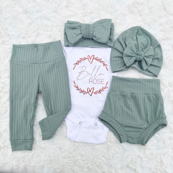 Newborn Girl Coming Home Outfit, Personalized Baby Girl Outfit, Name Onesie®, Custom Name Baby Outfit, Sage Newborn Girl Outfit