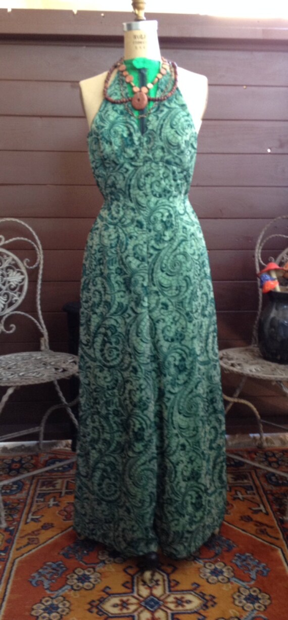 Emerald Green Paisley Velvet Burnout 1970's Vintag