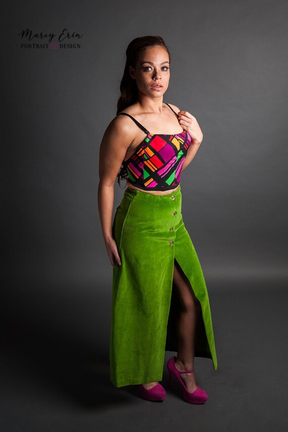 Full Length Vintage Velvet Moss Green A-line Skirt