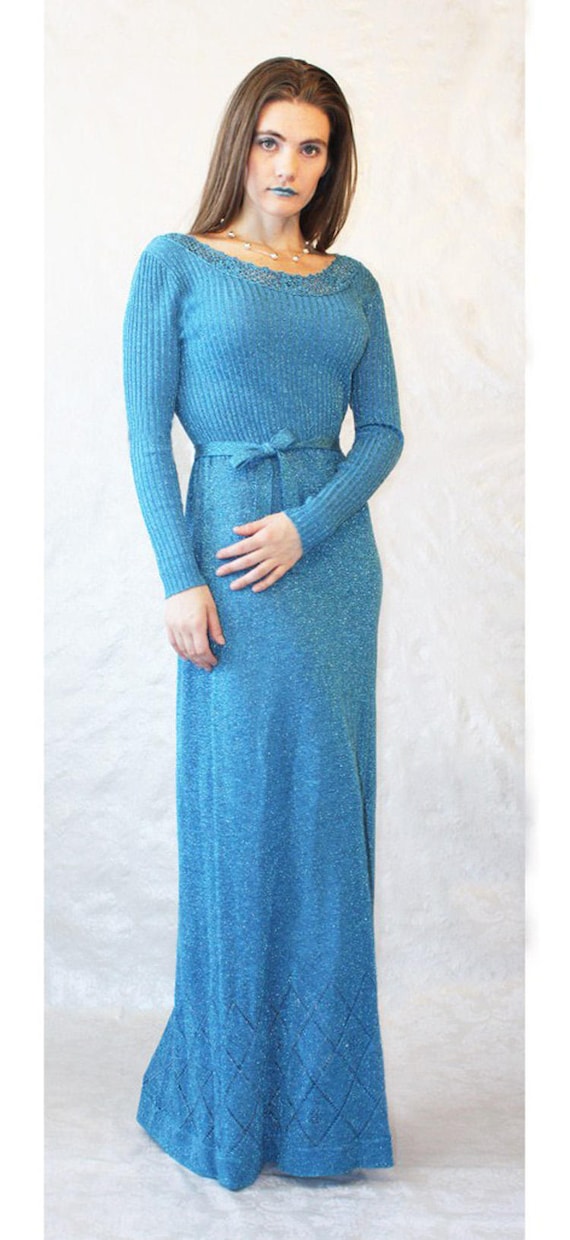 Metallic Blue Knit Maxi Dress 70s Vintage by Wenji