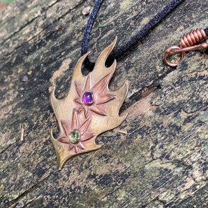 Amethyst and peridot fire pendant - flaming hemp necklace - metalsmith - handmade jewelry
