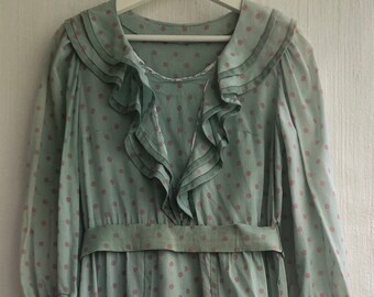 Dress polkadot green pink cotton longsleeved edwardian summer dress siZe s-m