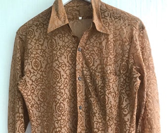 70s shirt Nylon Abstract button up down long sleeve Slim fit top beige size m