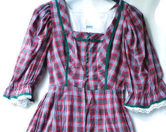 70s80s dress Cottagecore Austria Folklore Plaid RedWhiteGreen PuffySleeves ButtonUp  DirndlDress   Bavarian Oktoberfest Size 38 s