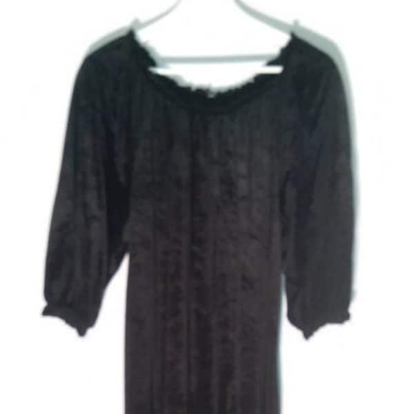 80s Dress O-neck comfy stretchy crushed velvet velour frilled longsleeved black dress s