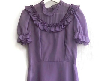 70s80s dress ruffled highneck lilac lavender shortsleeved shiffong romantic day dress siZe s Small