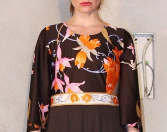 70s dress floral LongSleeved zipperBack patterned big floral brown+orange  Retro Boho Dress   m